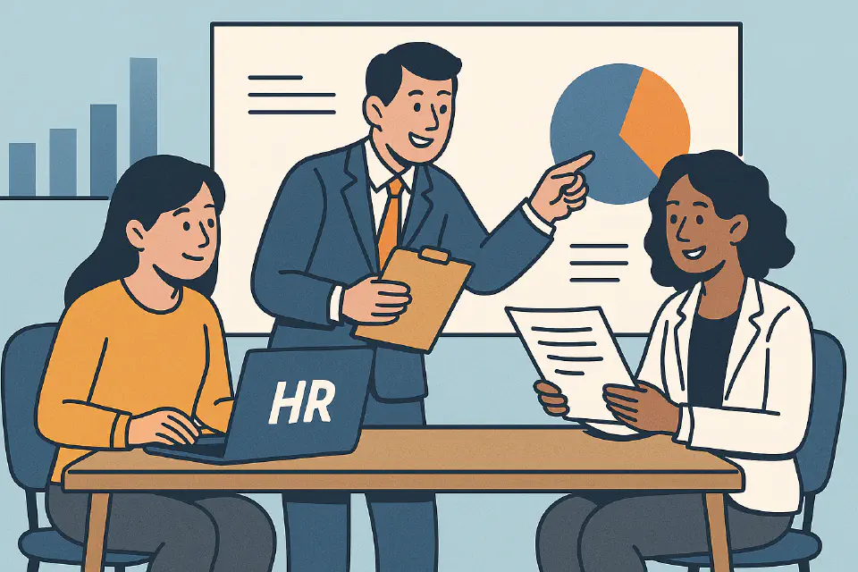 Flat vector illustration depicting HR professionals facilitating a change management workshop, with employees collaborating around planning, sustaining, and implementing organizational change.