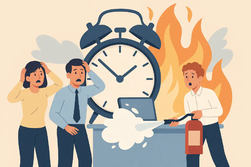 Flat-style illustration of overwhelmed employees reacting to organizational chaos, symbolizing the risks of lacking strategic HR leadership, with office workers attempting to extinguish a burning alarm clock.