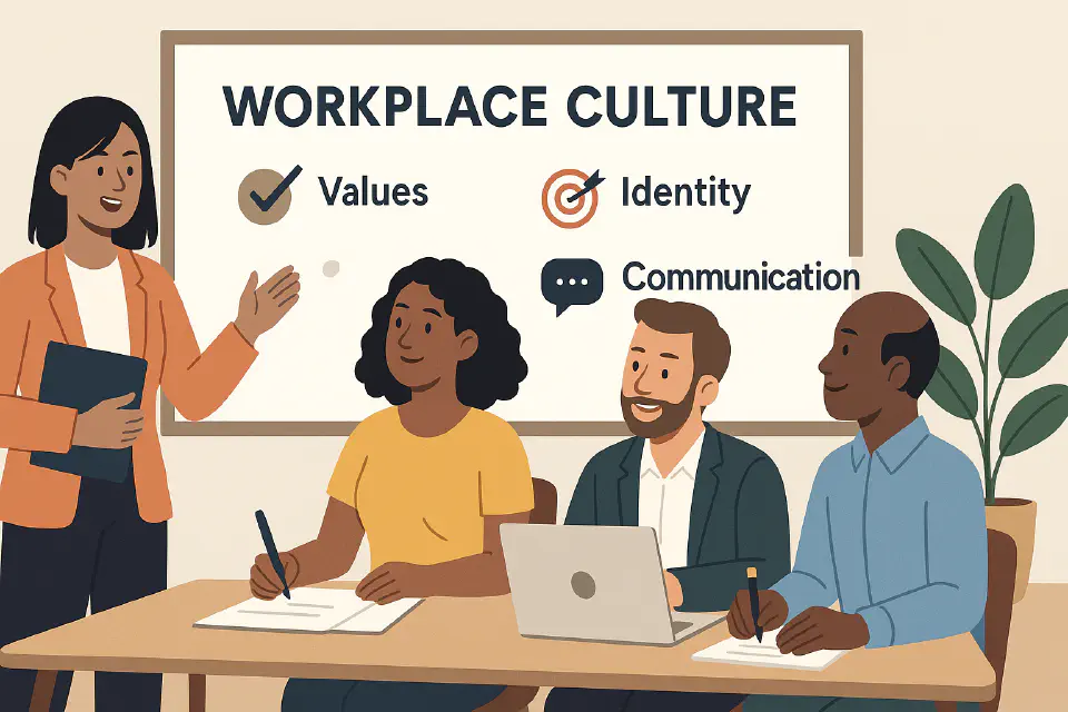 Flat-style illustration of four professionals discussing workplace culture, with values, identity, and communication displayed on a presentation board, reflecting HR’s role in shaping organizational behavior.